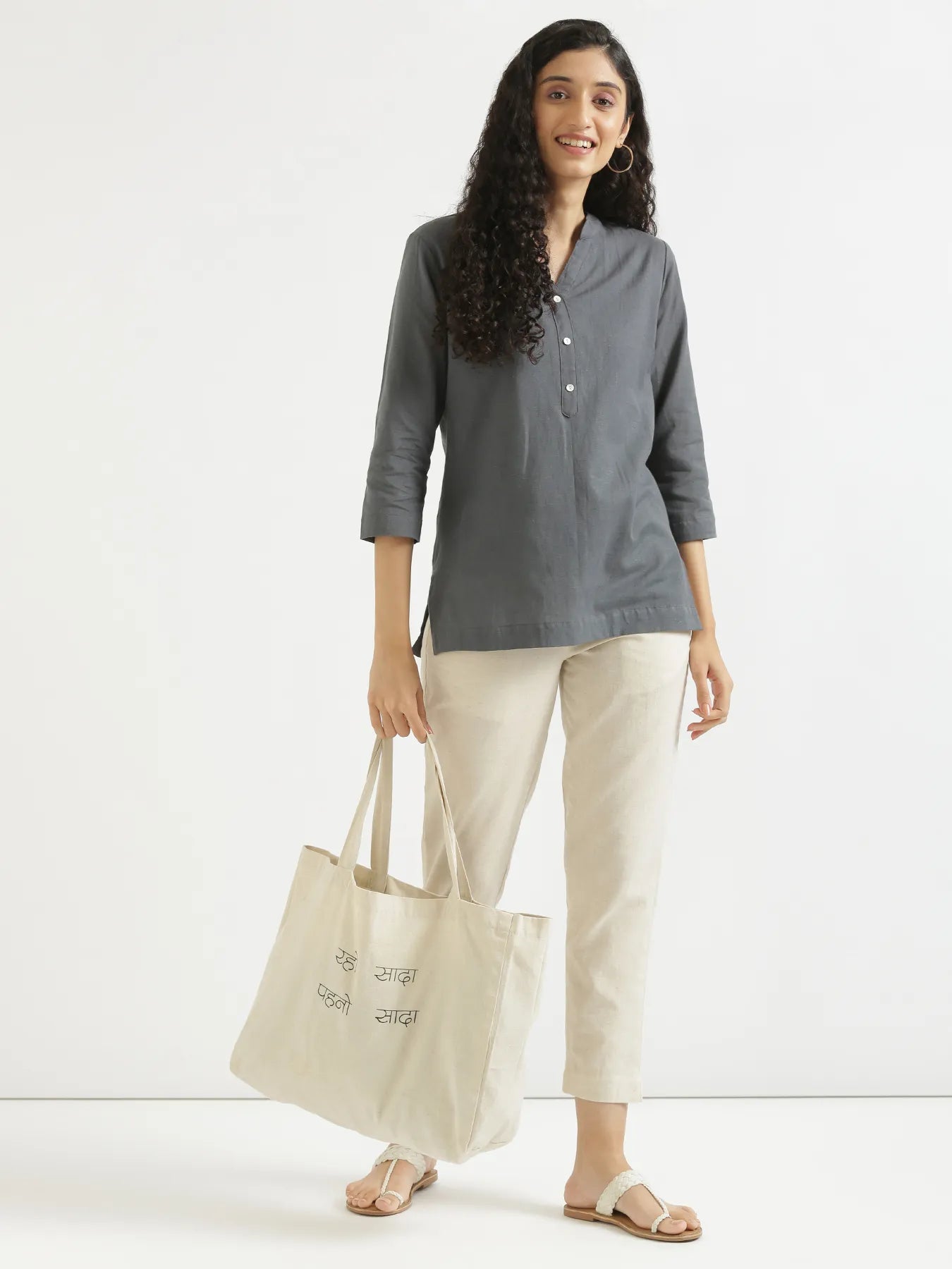 Women Slate Grey Airy Linen Short Kurta
