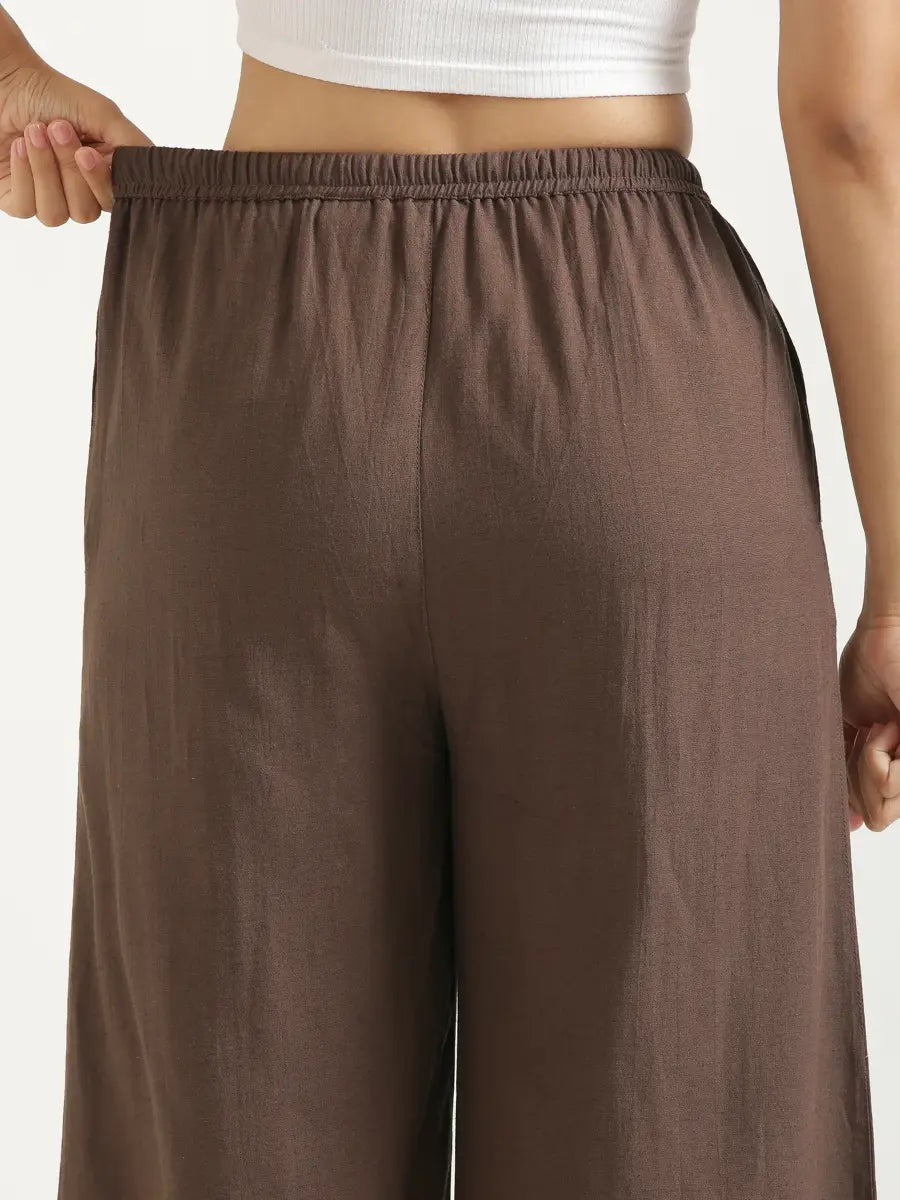 Women Dark Brown Flowy Linen Wide Leg Pants