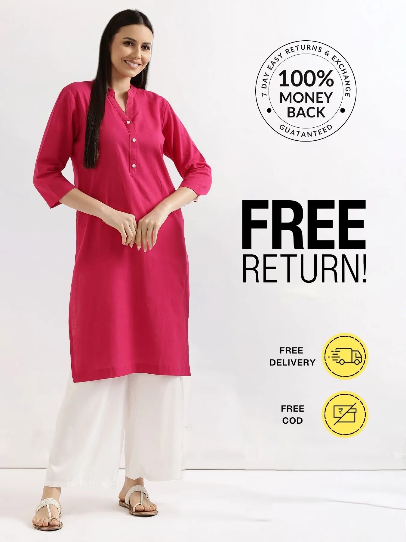 Women Hot Pink Airy Linen Long Kurta