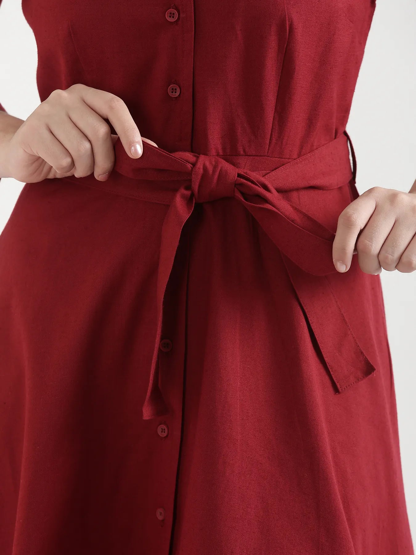 Women Maroon Airy Linen Flared Dress