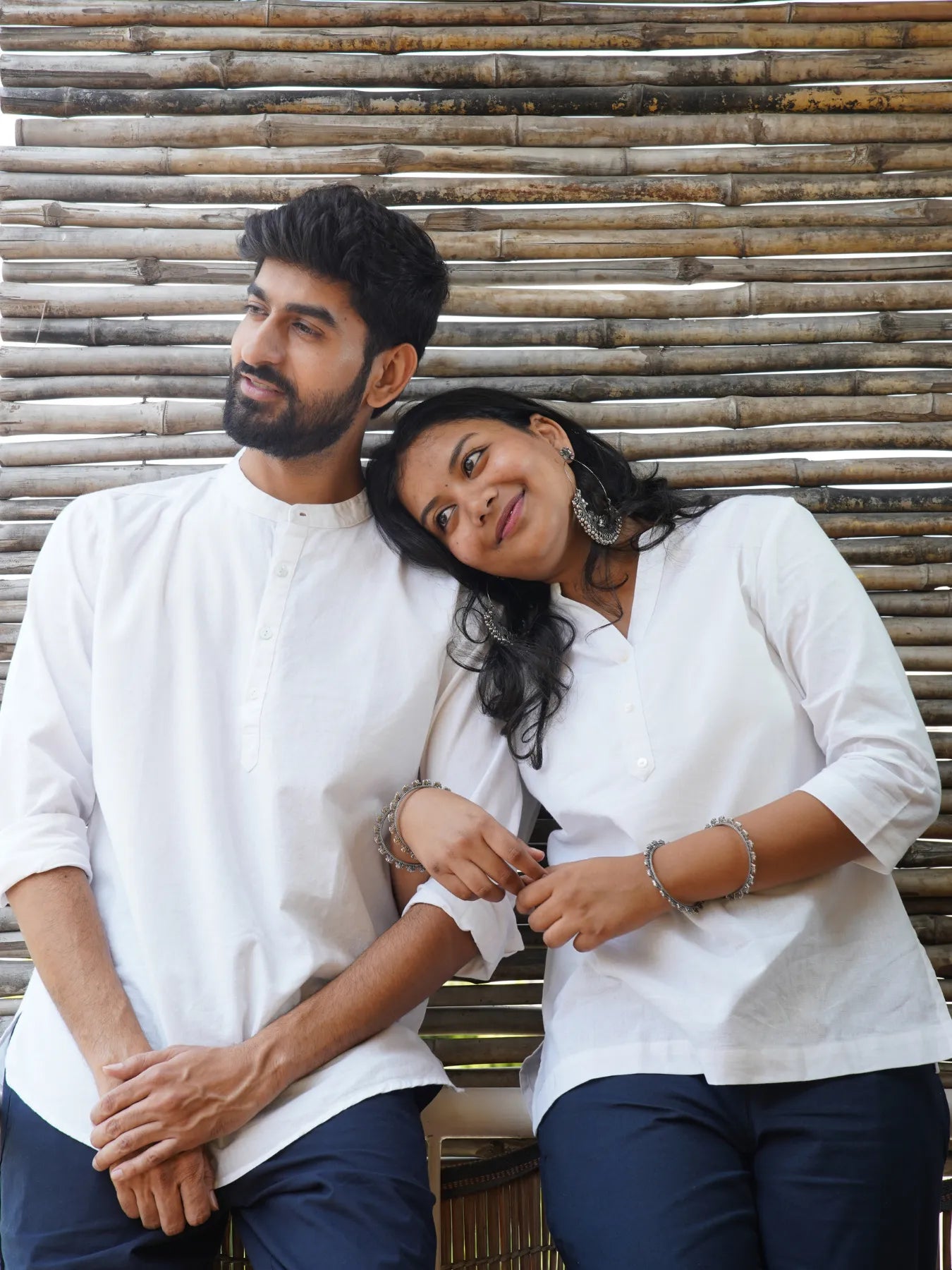 Couple White Short Kurta Combo