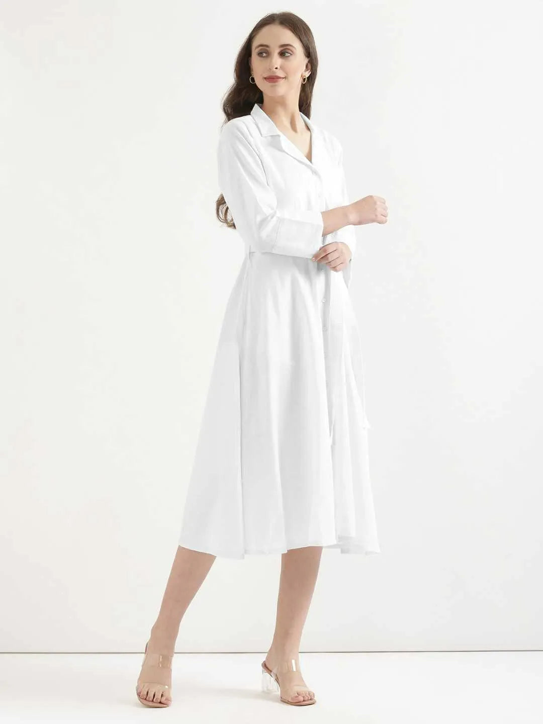 Women White Airy Linen Flared Dress