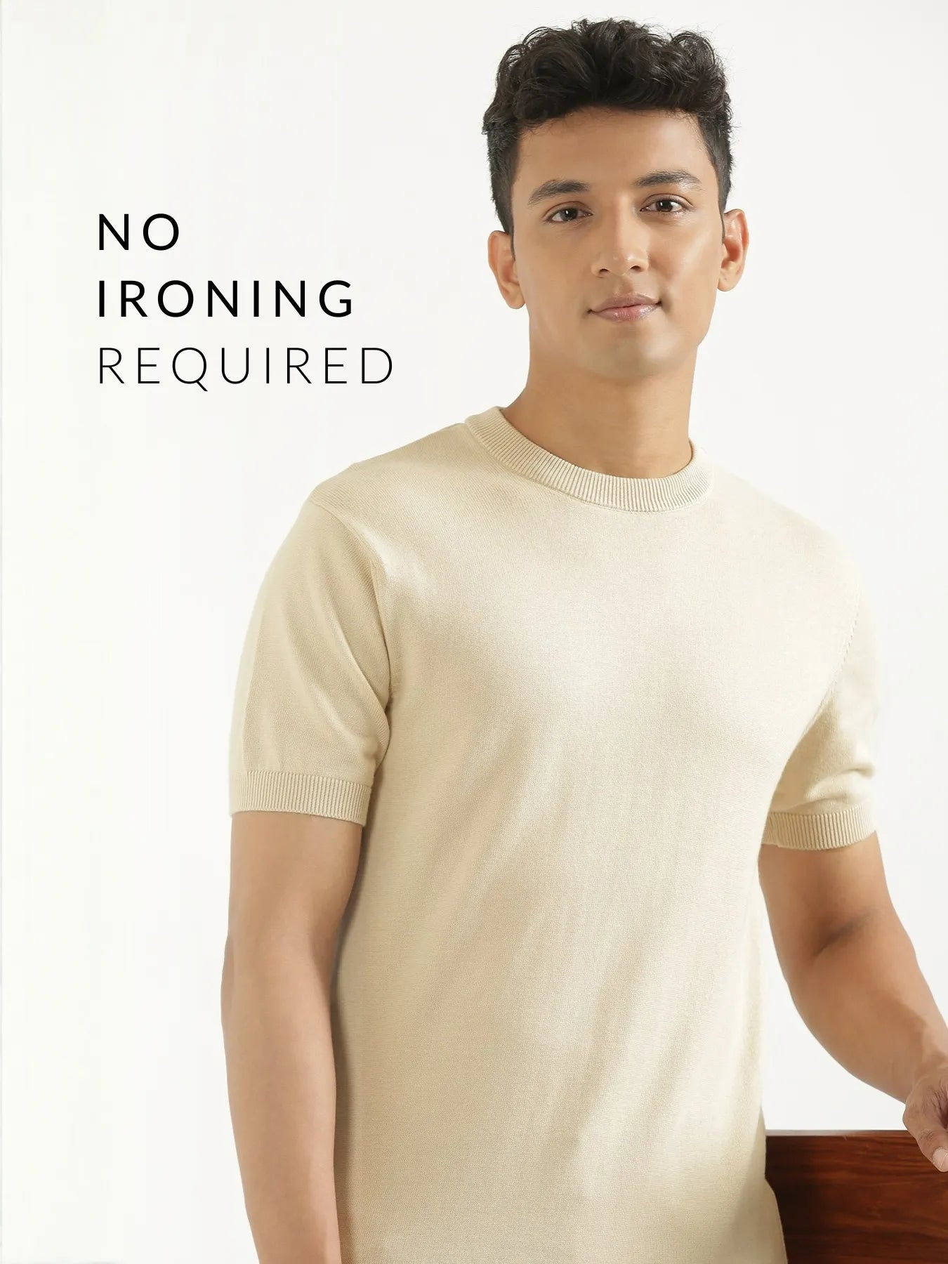 Men Beige Flat Knit Round Neck T-shirt
