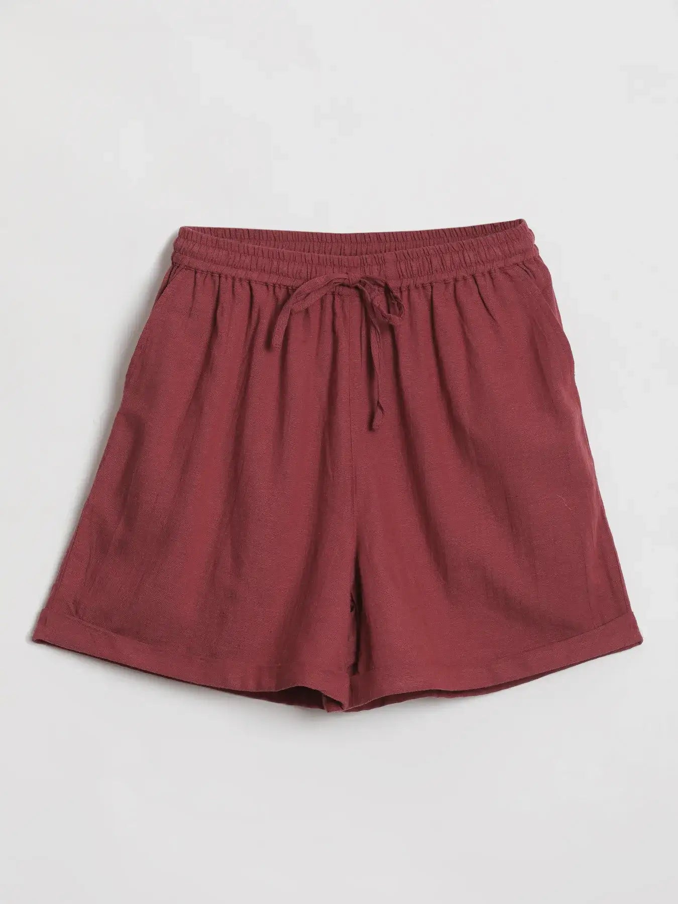Women Maroon Flowy Linen Shorts