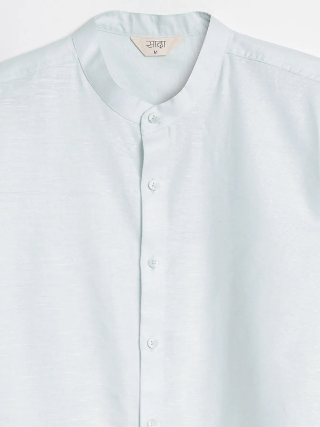 Men Powder Blue Linen Blend Mandarin Collar Shirt