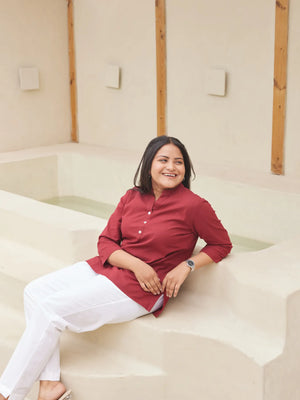 Maroon Short Kurta with White Cotton Pant