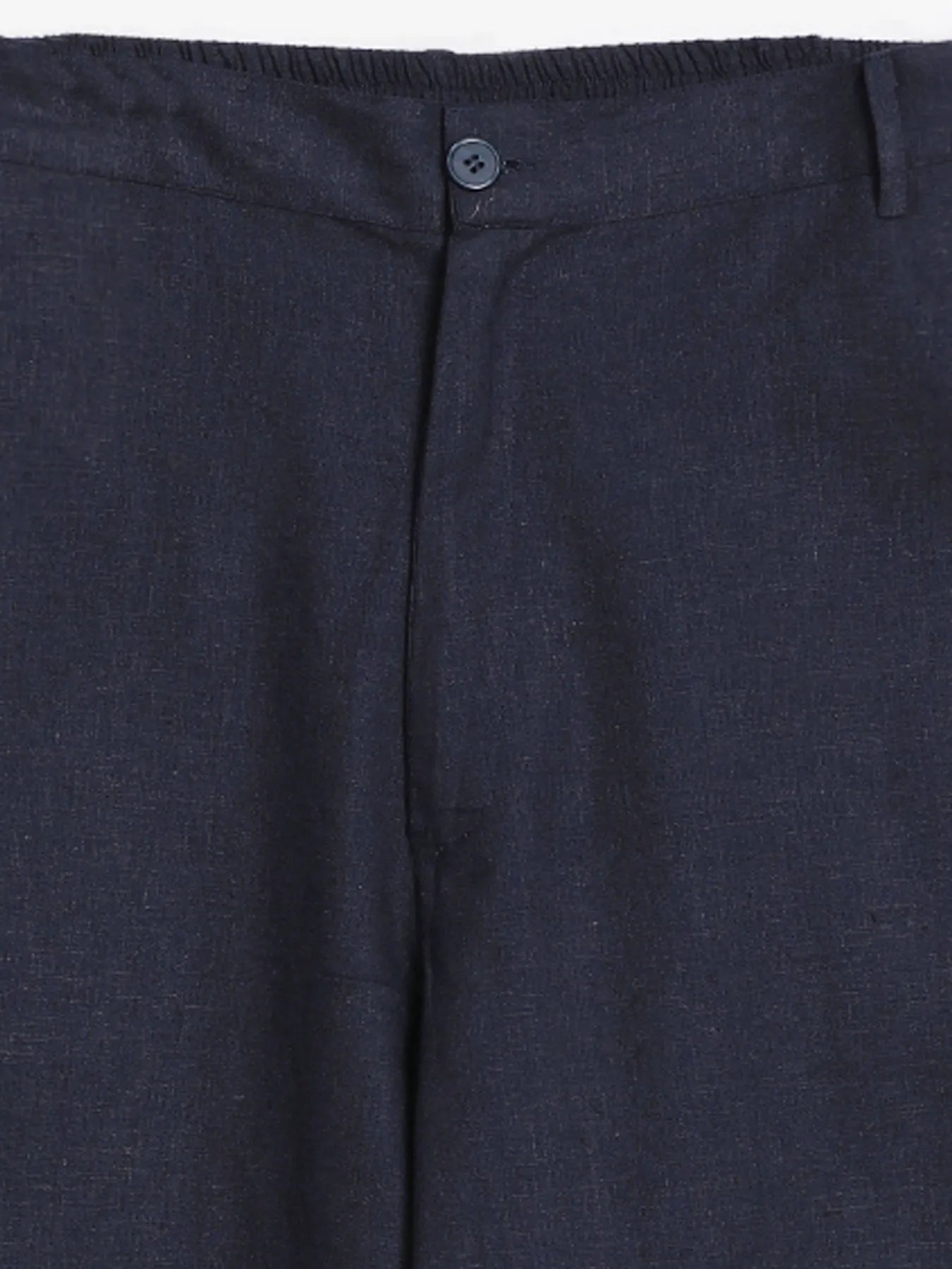 Men Navy Blue Linen Blend Straight Pant