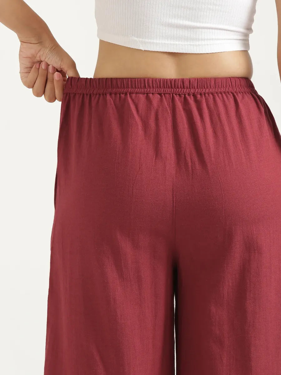 Women Maroon Flowy Linen Wide Leg Pants