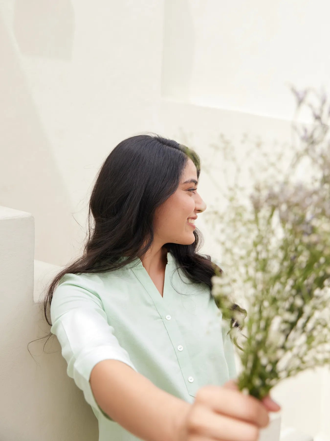 Mint Green Short Kurta with White Cotton Pant