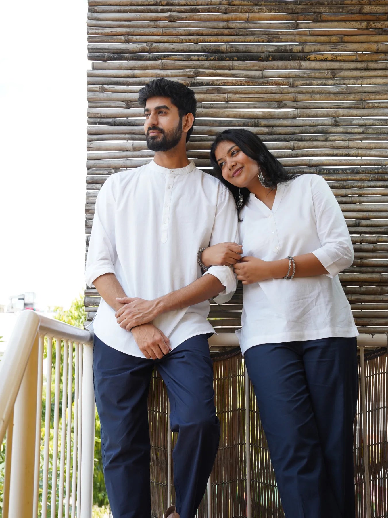 Couple White Short Kurta Combo