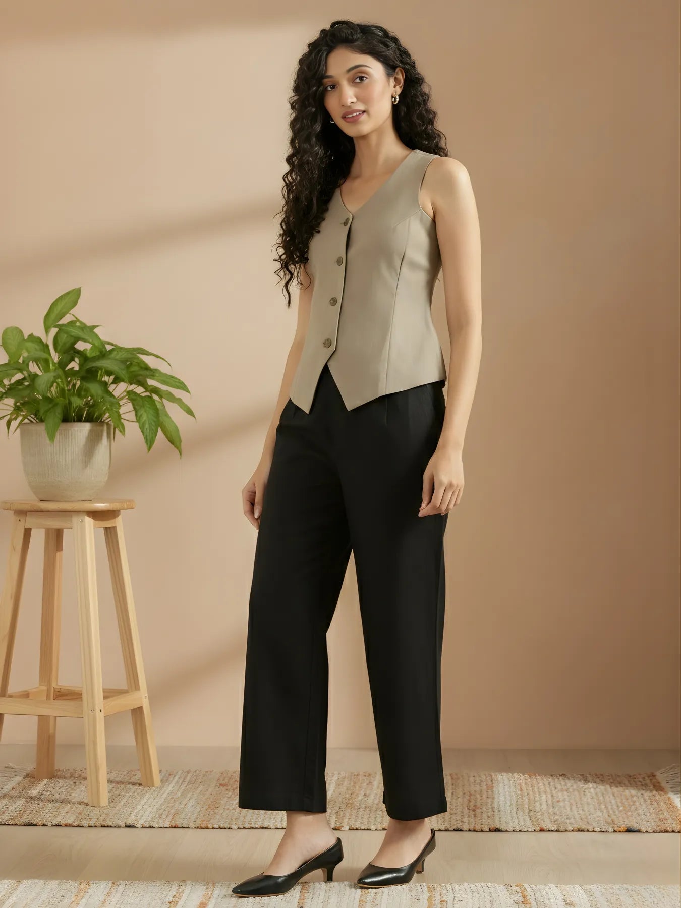 Women Black Linen Blend Wide Leg Pant & Khakhi Linen Blend Waist Coat