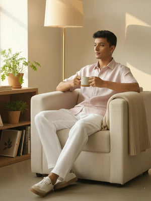 Men White Linen Blend Pant & Light Pink Pure Linen Short Sleeve Shirt