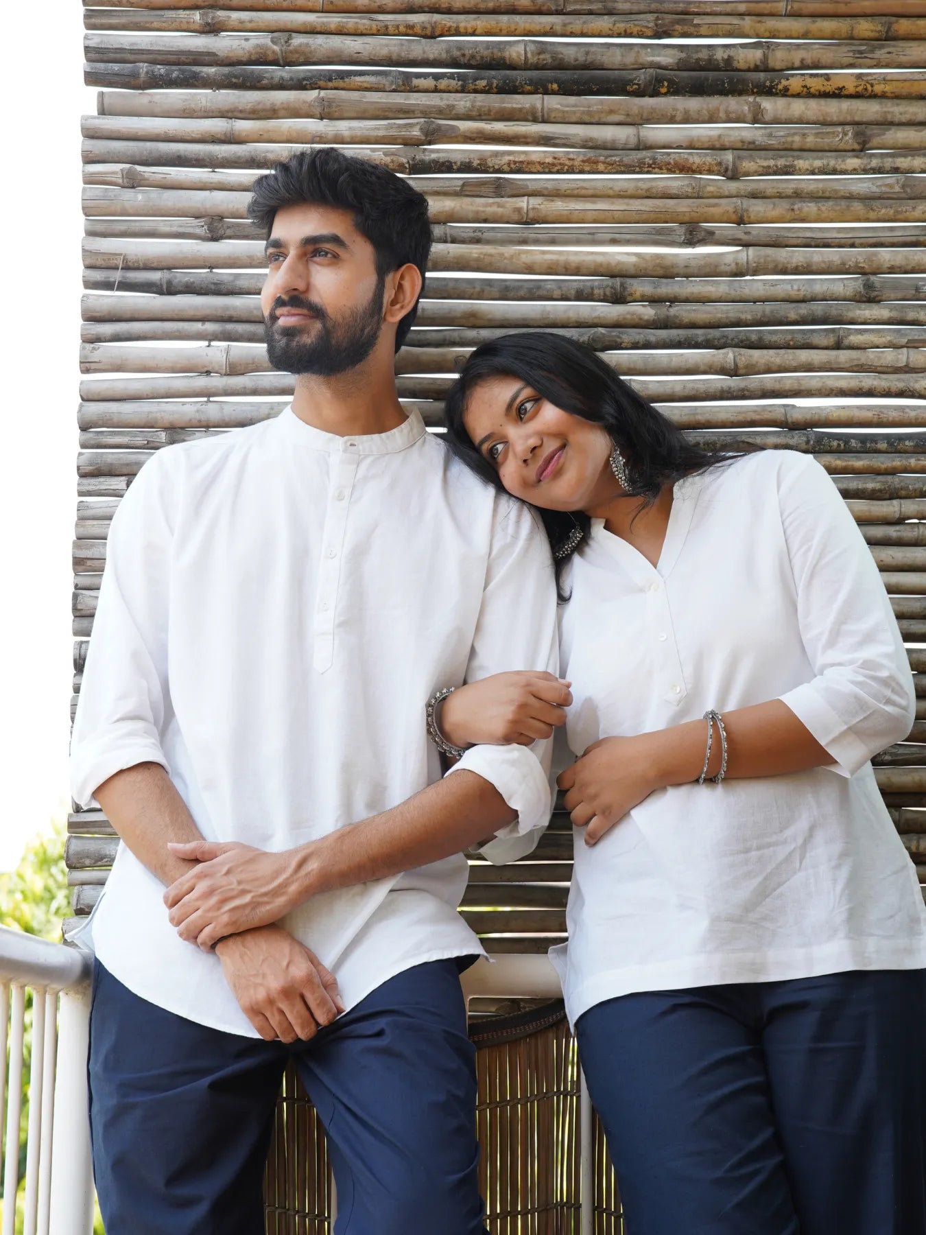 Couple White Short Kurta Combo