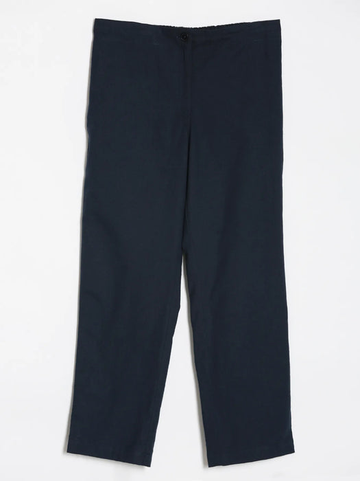 Women Navy Blue Airy Linen Straight Pants