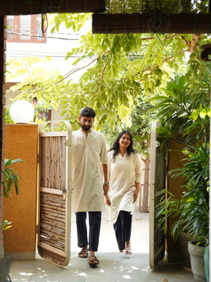 Couple Ecru Long Kurta Combo