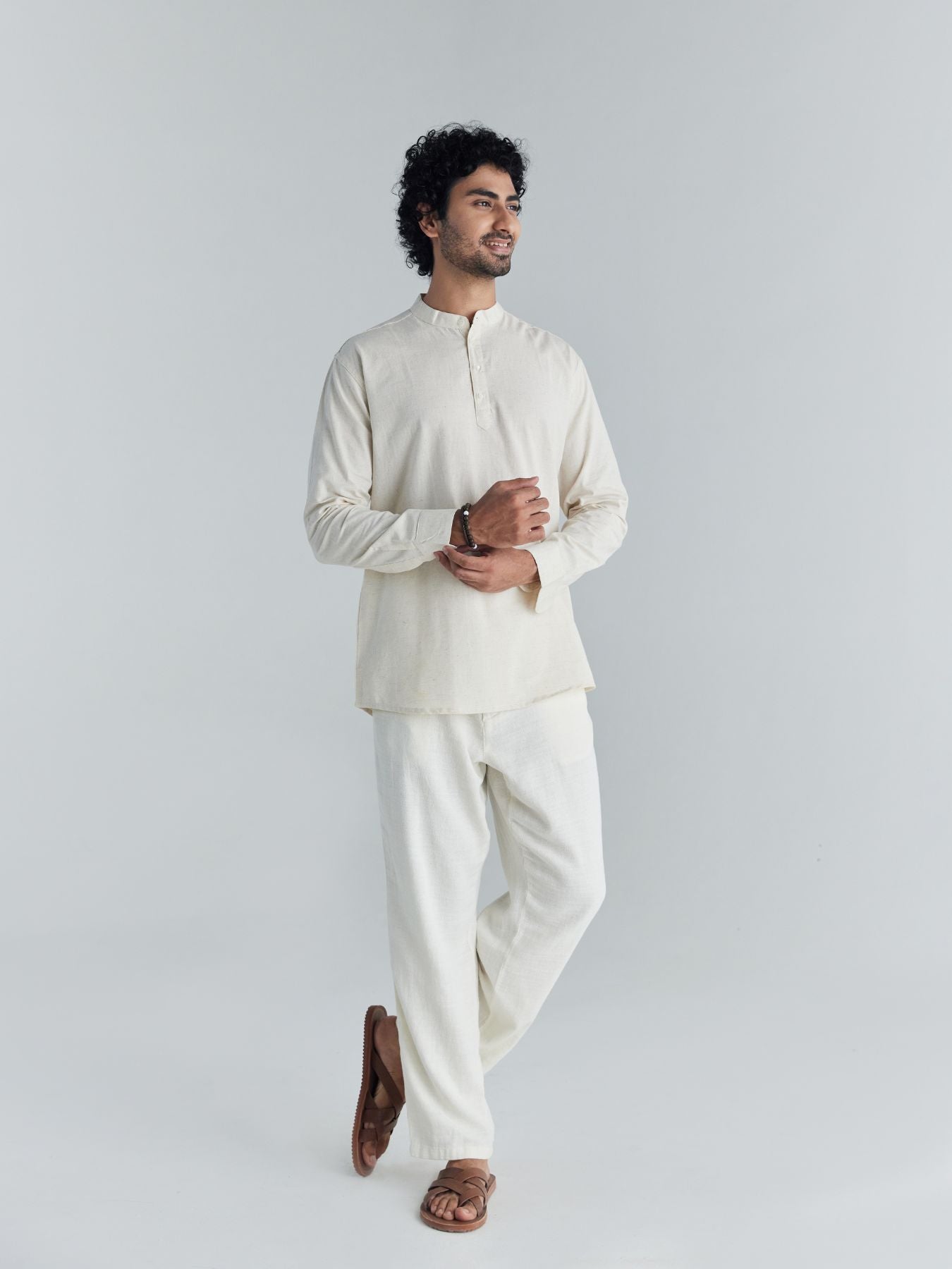 Men Ecru Airy Linen Short Kurta