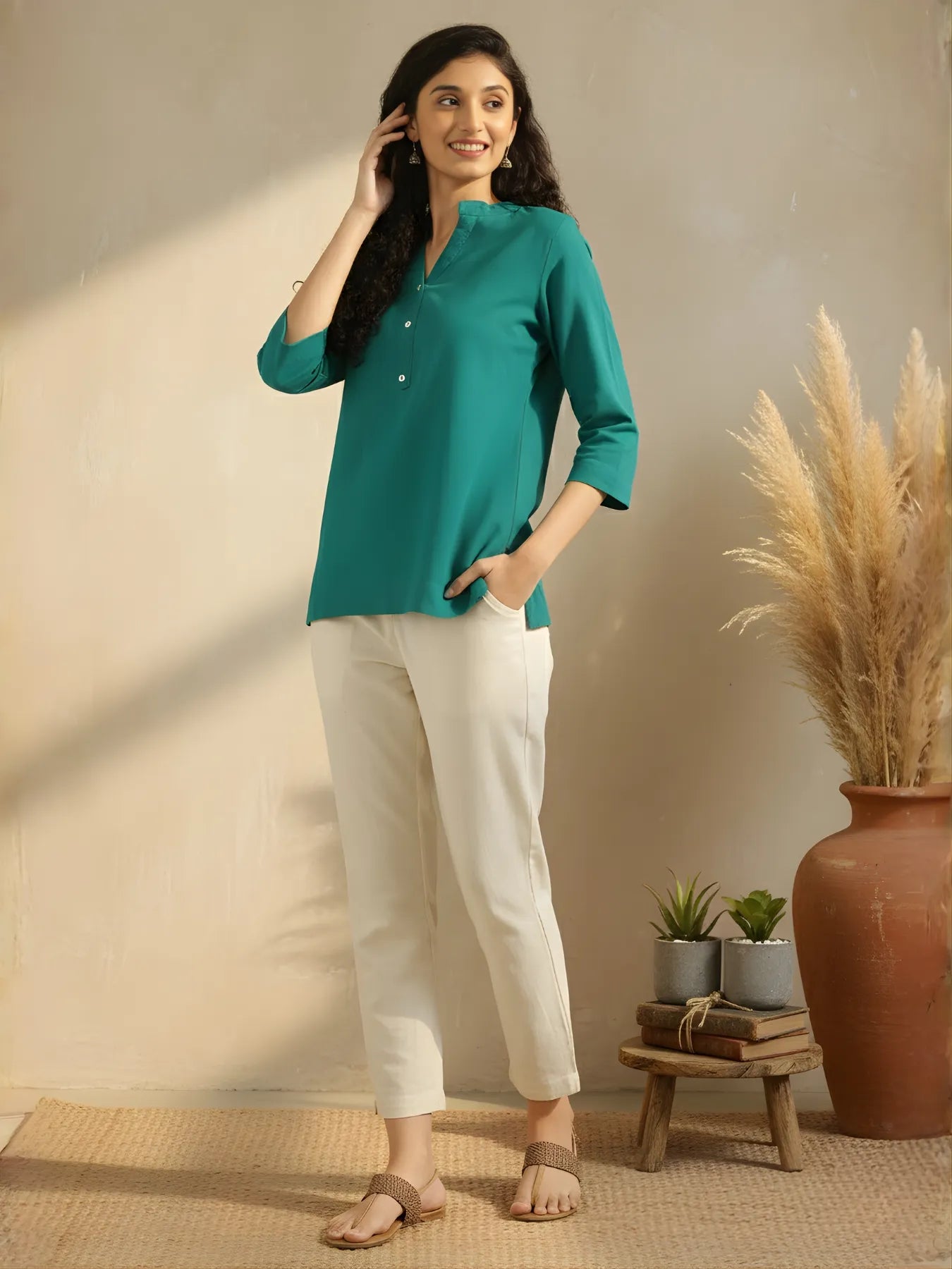 Women Teal Airy Linen Short Kurta & Beige Cotton Pant Set
