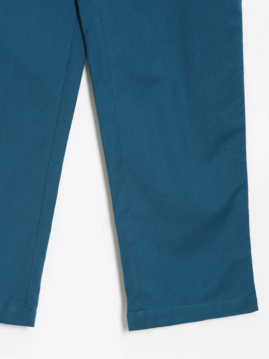 Women Turquoise Airy Linen Straight Pants