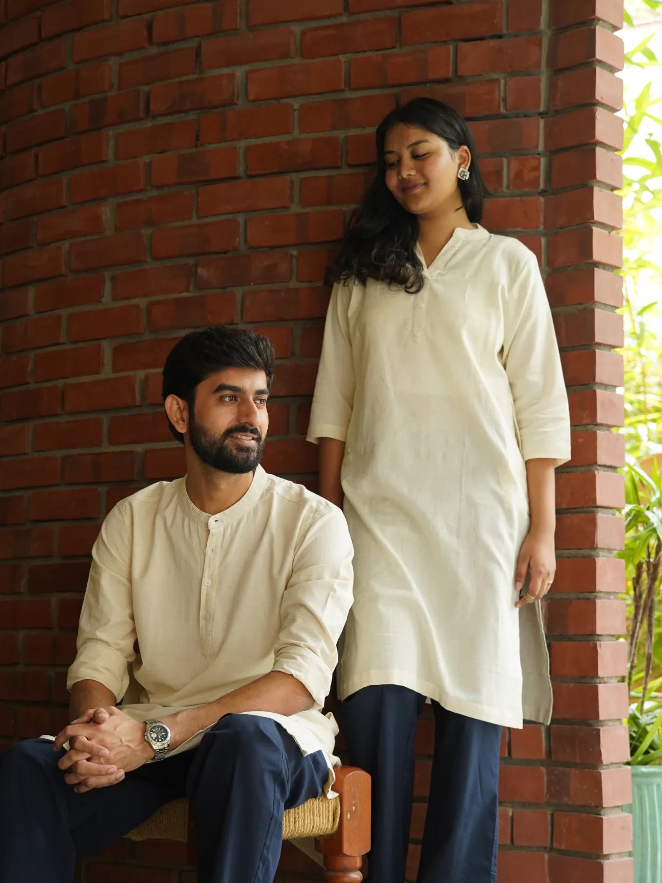 Couple Ecru Long Kurta Combo