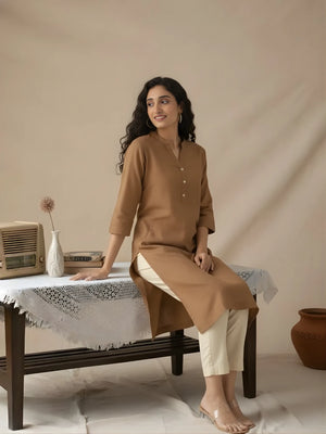 Women Coffee Brown Airy Linen Long Kurta & Beige Cotton Pant Set