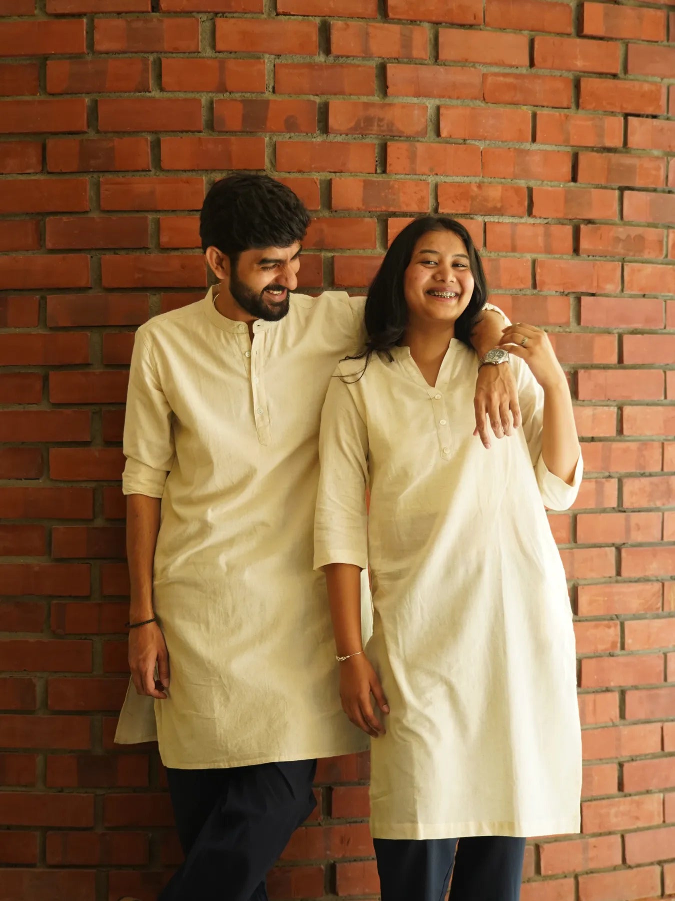 Couple Ecru Long Kurta Combo