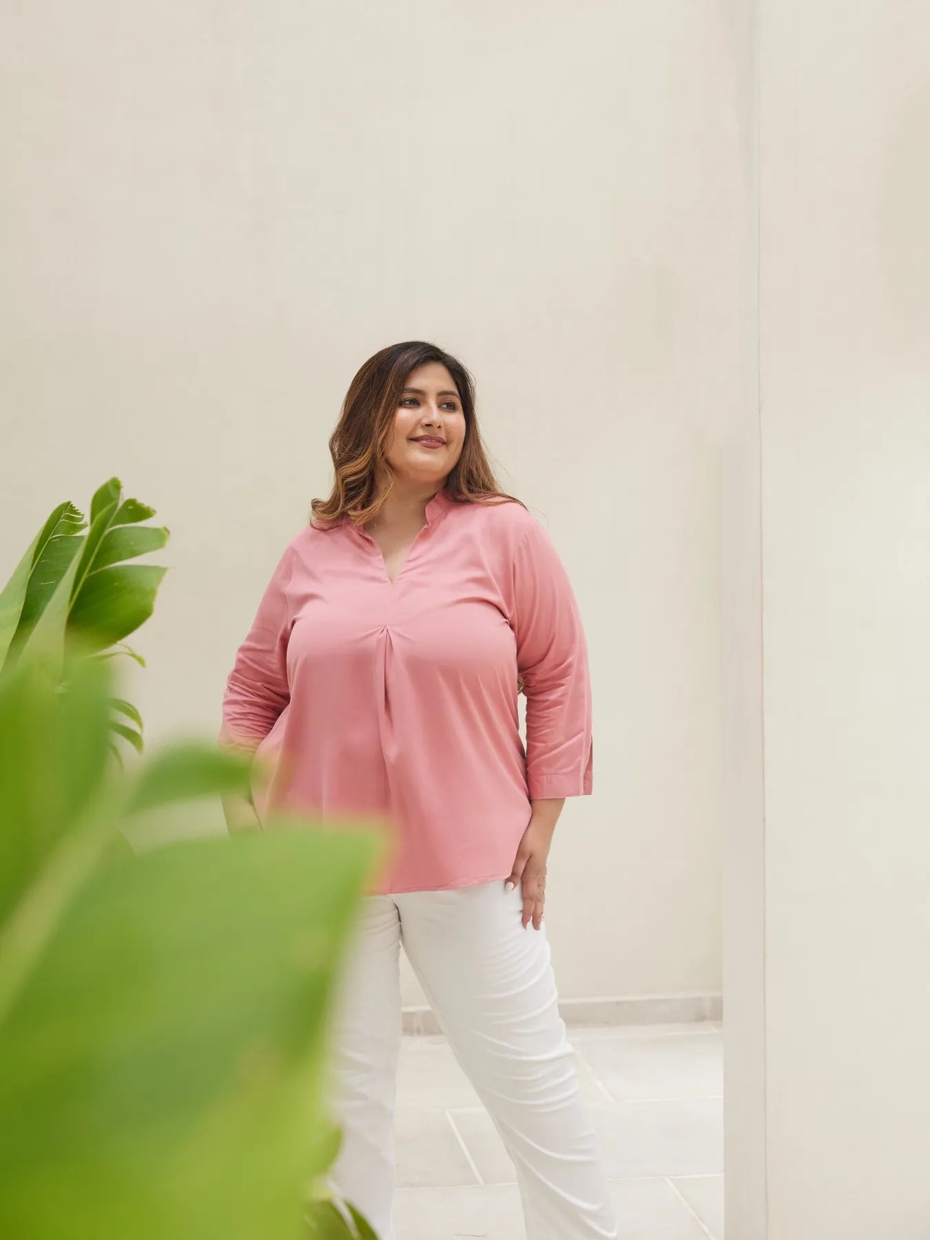Women Plus Size Rose Viscose Pleated Top