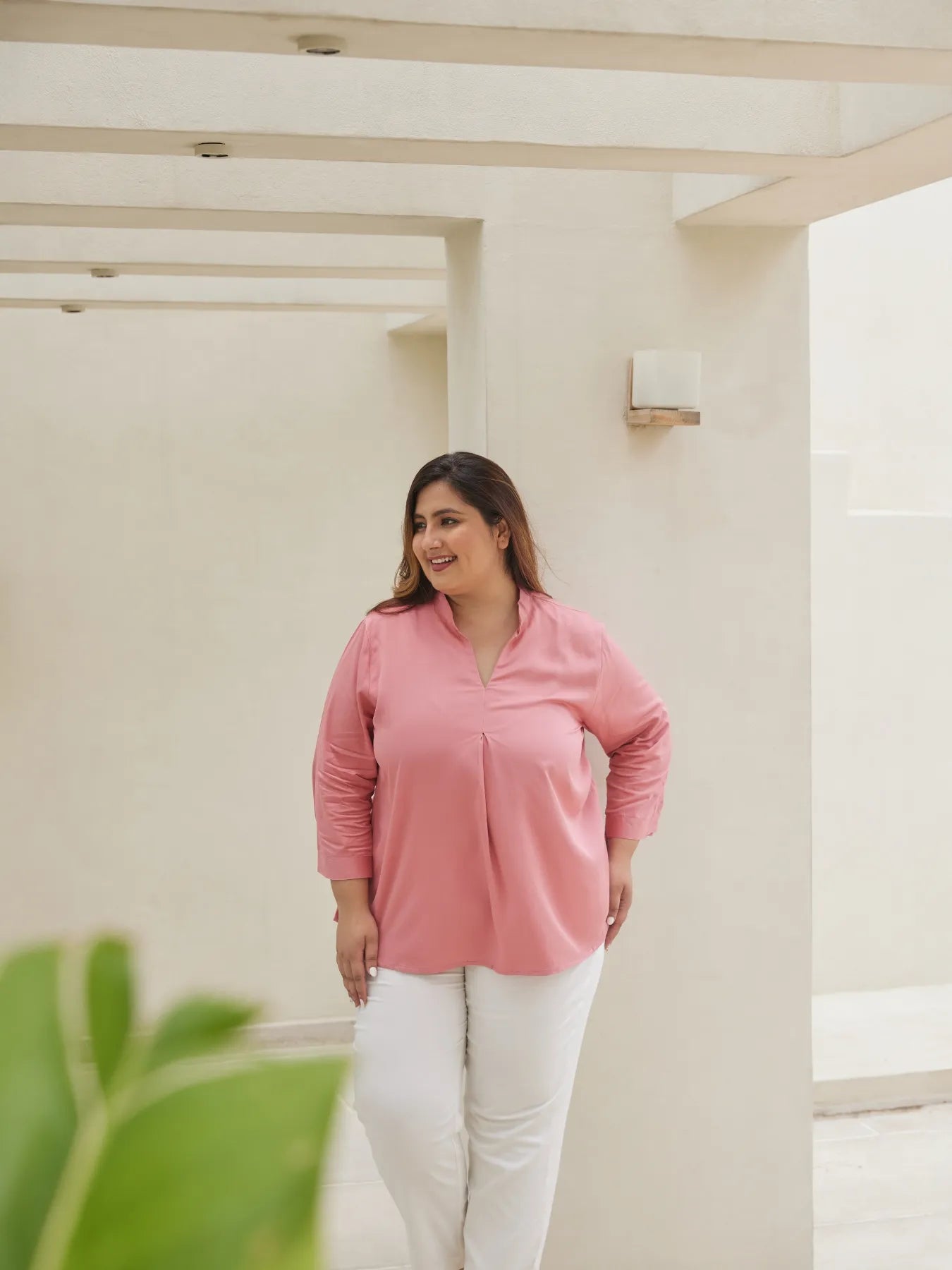 Women Plus Size Rose Viscose Pleated Top