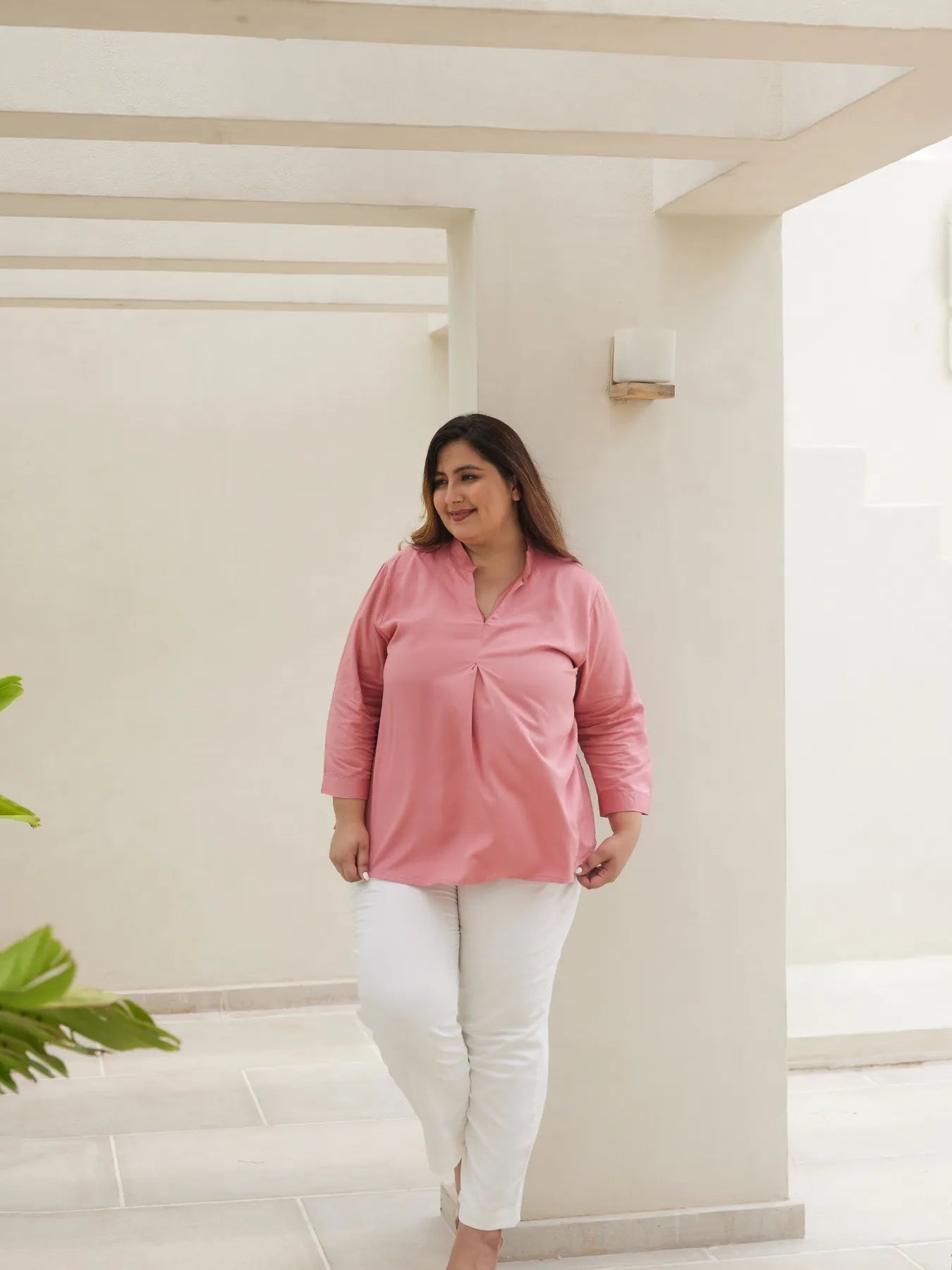 Women Plus Size Rose Viscose Pleated Top