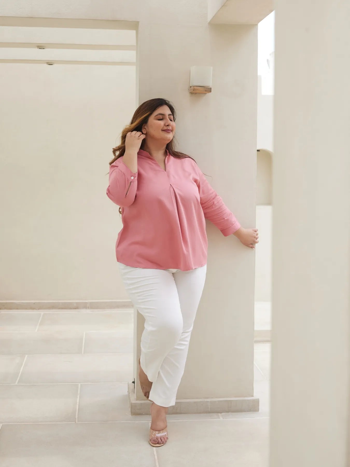 Women Plus Size Rose Viscose Pleated Top