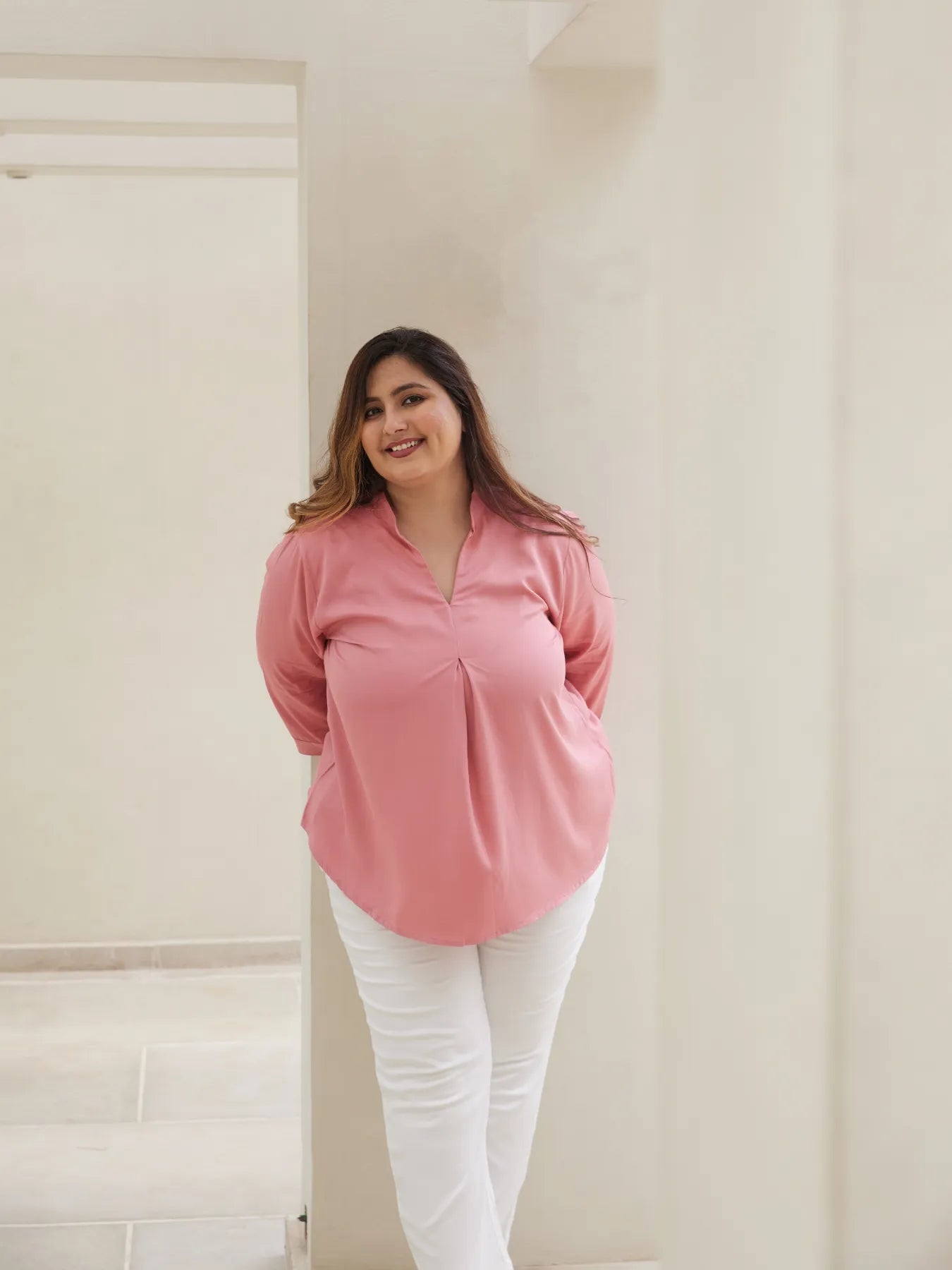 Women Plus Size Rose Viscose Pleated Top