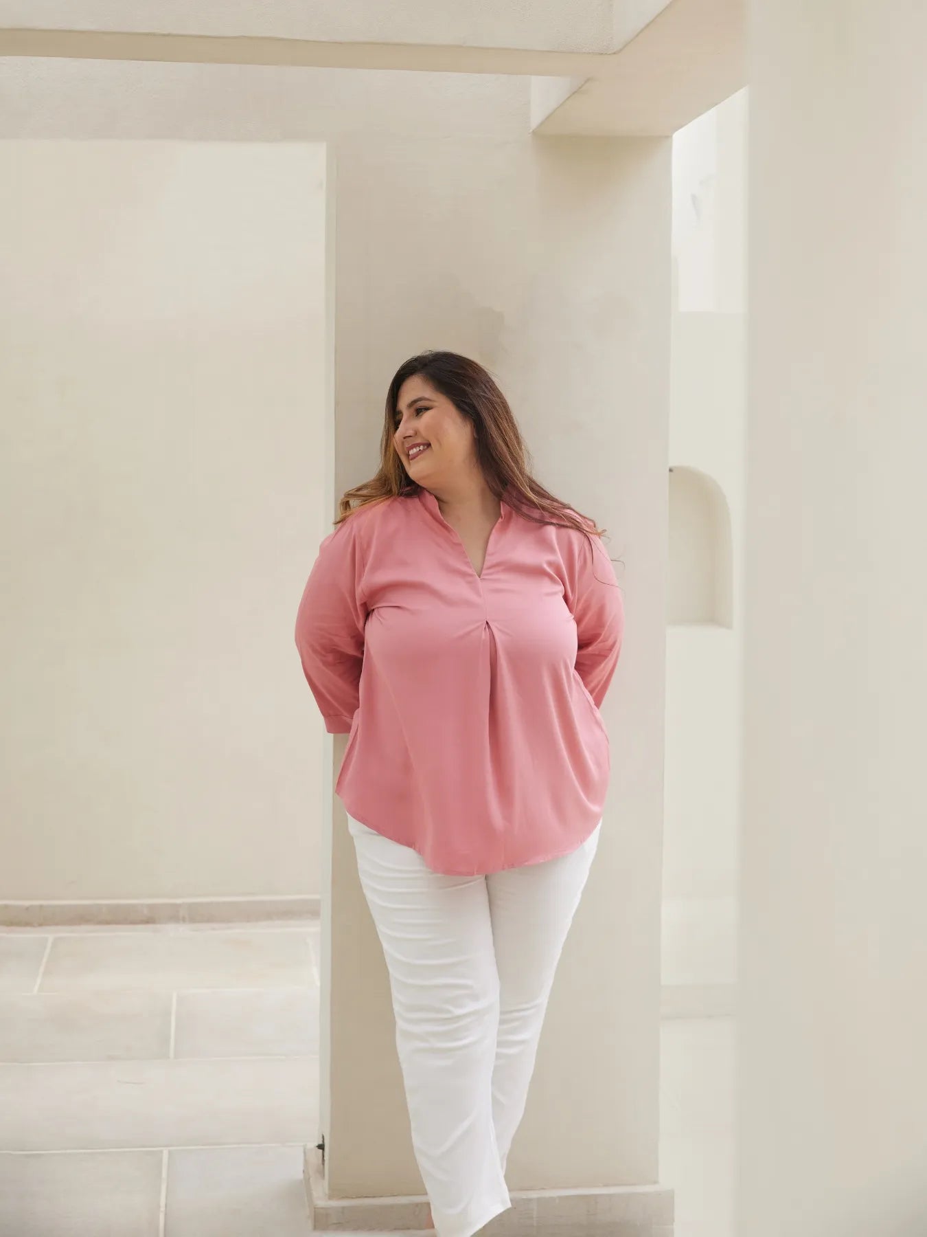 Women Plus Size Rose Viscose Pleated Top