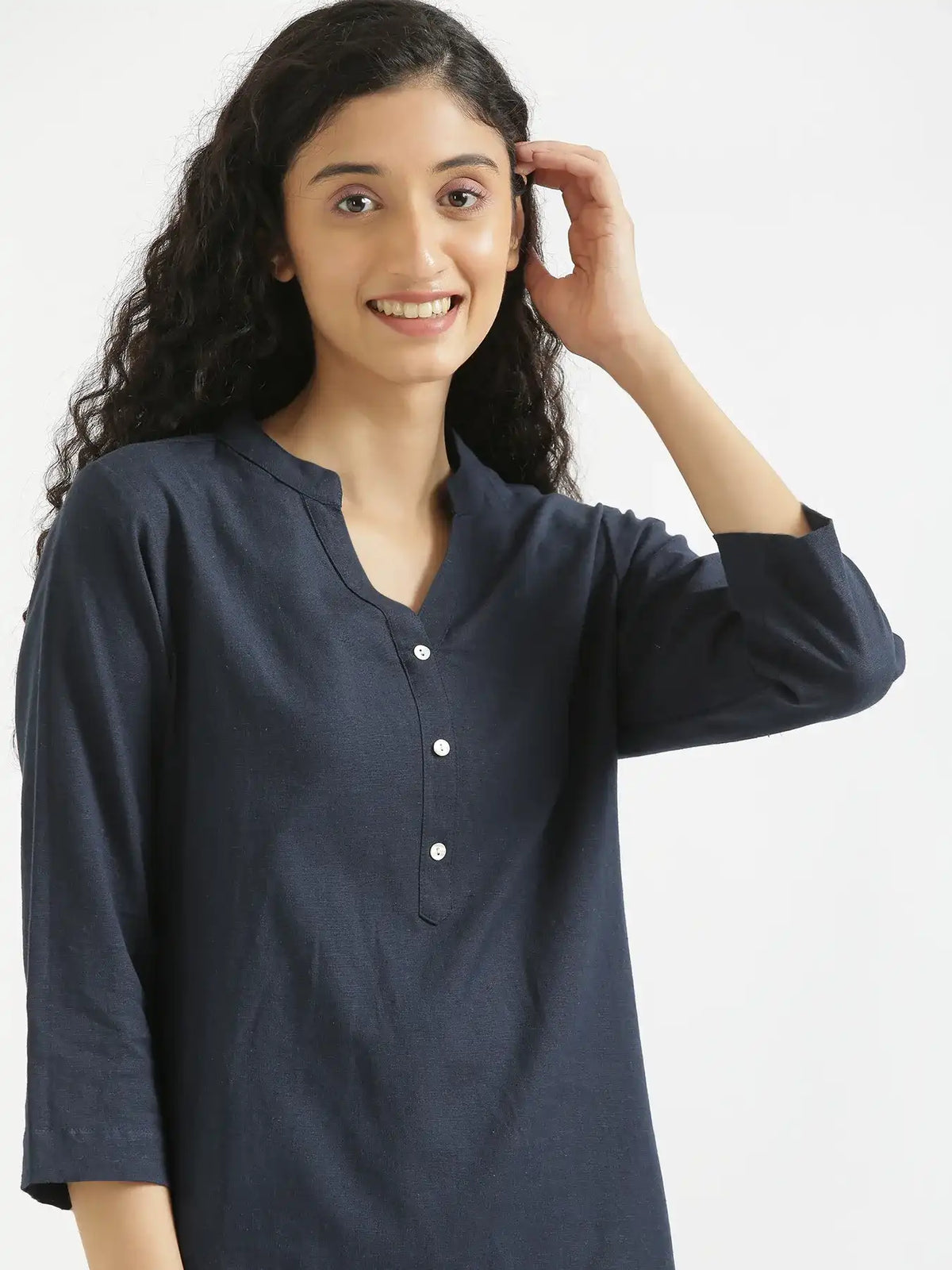 Pick Any 6 Women Airy Linen Short Kurta - Navy Blue