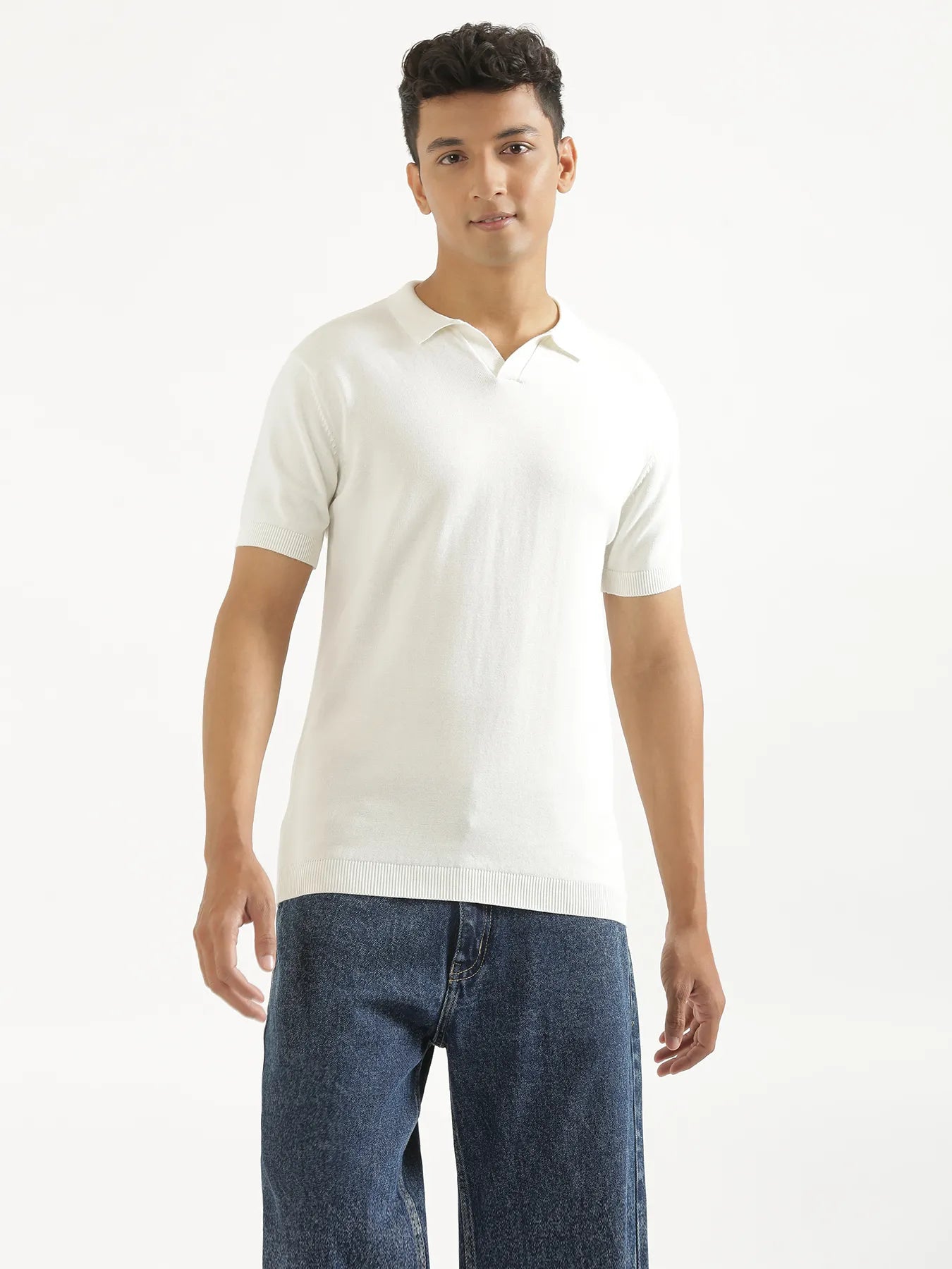 Men Off White Flat Knit Collared T-shirt