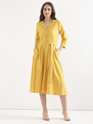 Women Yellow Airy Linen Flared Dress