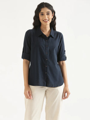 Women Navy Blue Airy-Linen Shirt