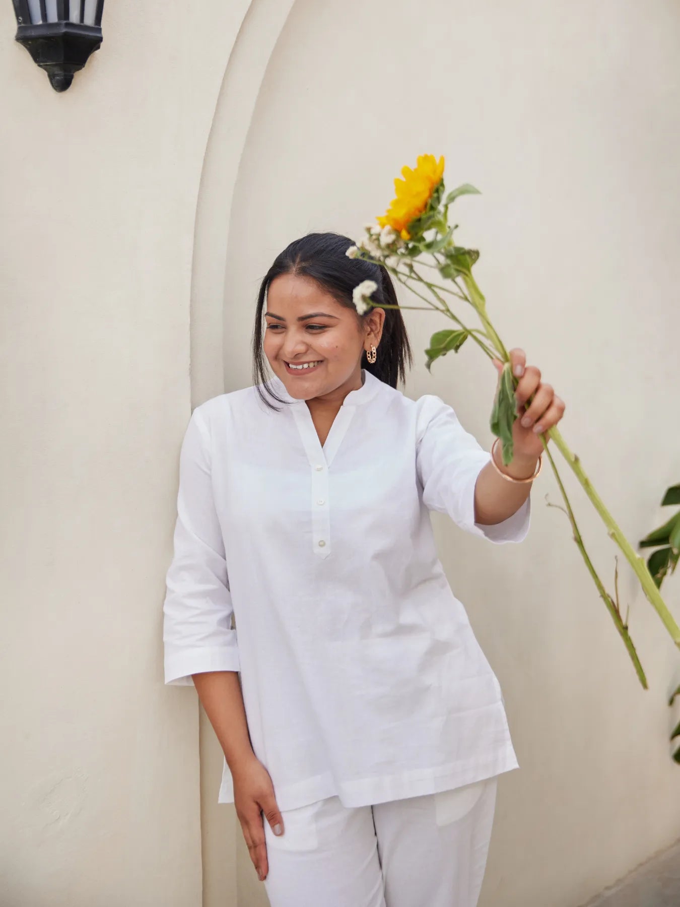 White Short Kurta with White Cotton Pant