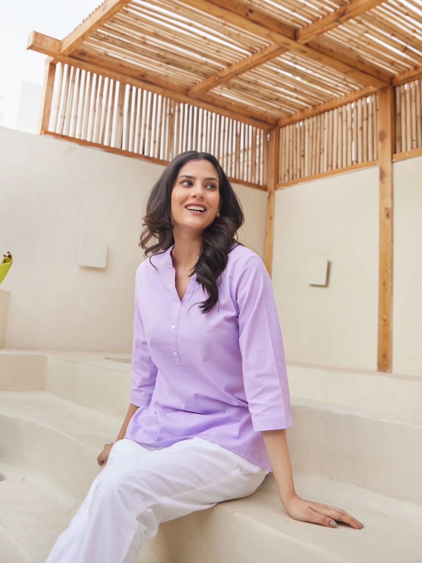 Lilac Short Kurta with White Cotton Pant