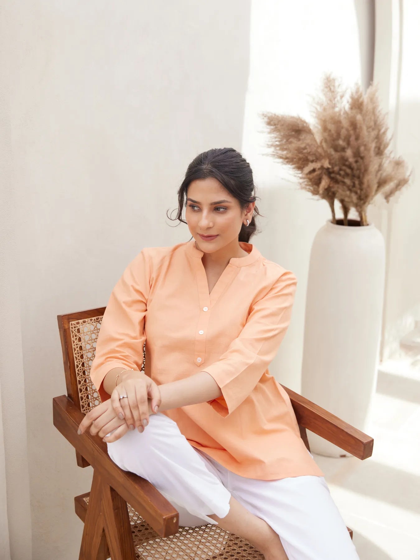 Peach Short Kurta with White Cotton Pant