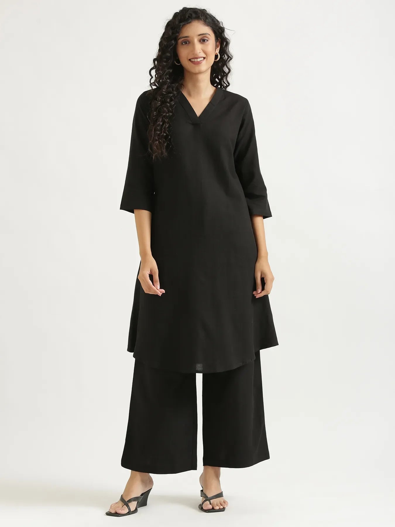 Women Black Flowy Linen A-Line Long Kurta