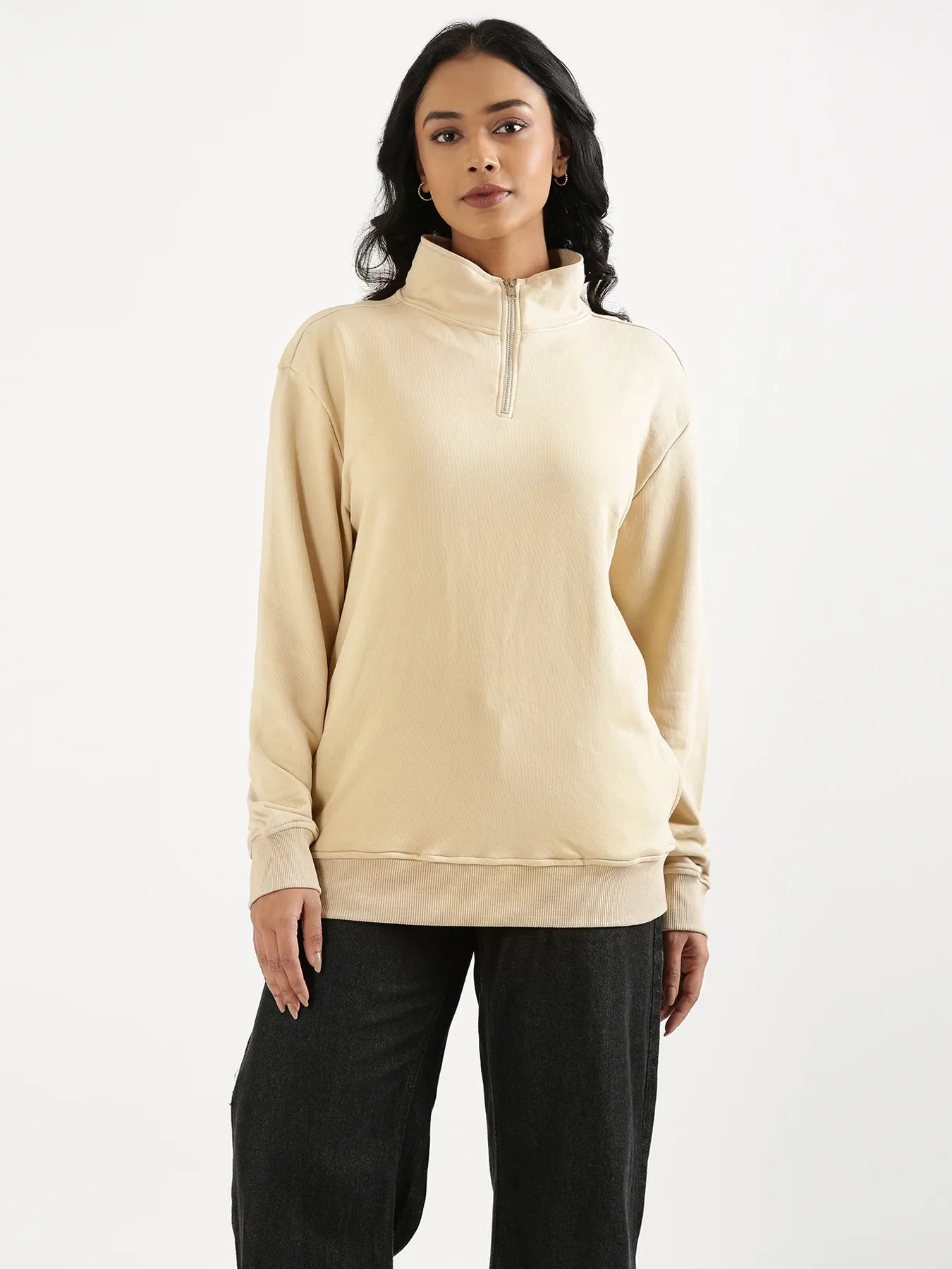 Unisex Beige Zip Neck Sweatshirt