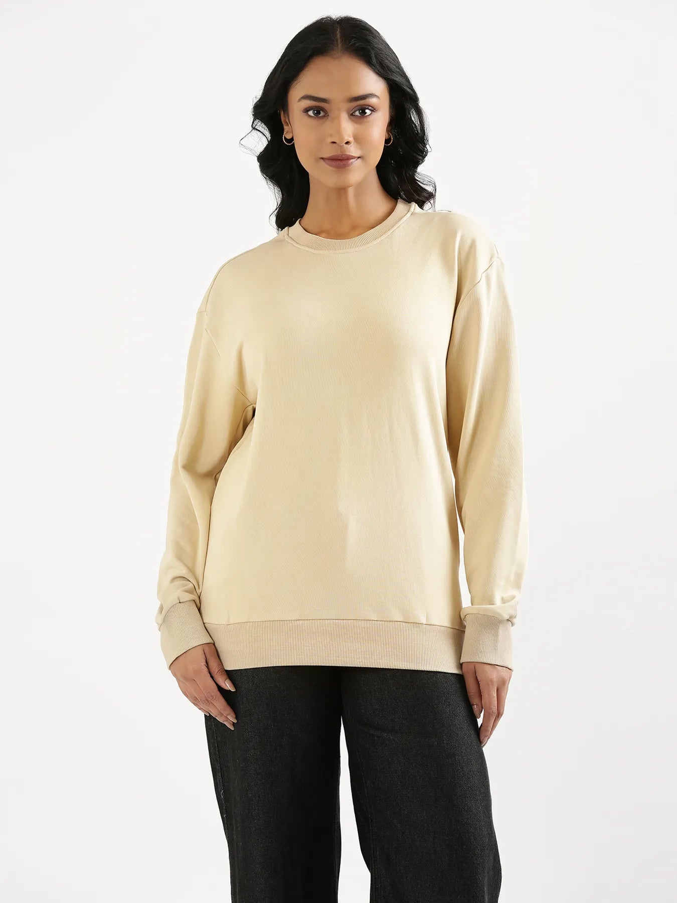 Unisex Beige Round Neck Sweatshirt