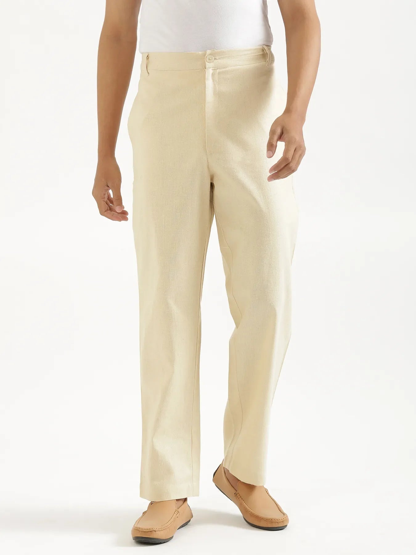 Men Forest Green Better Cotton Full Sleeve Shirt & Beige Linen Blend Straight Pant