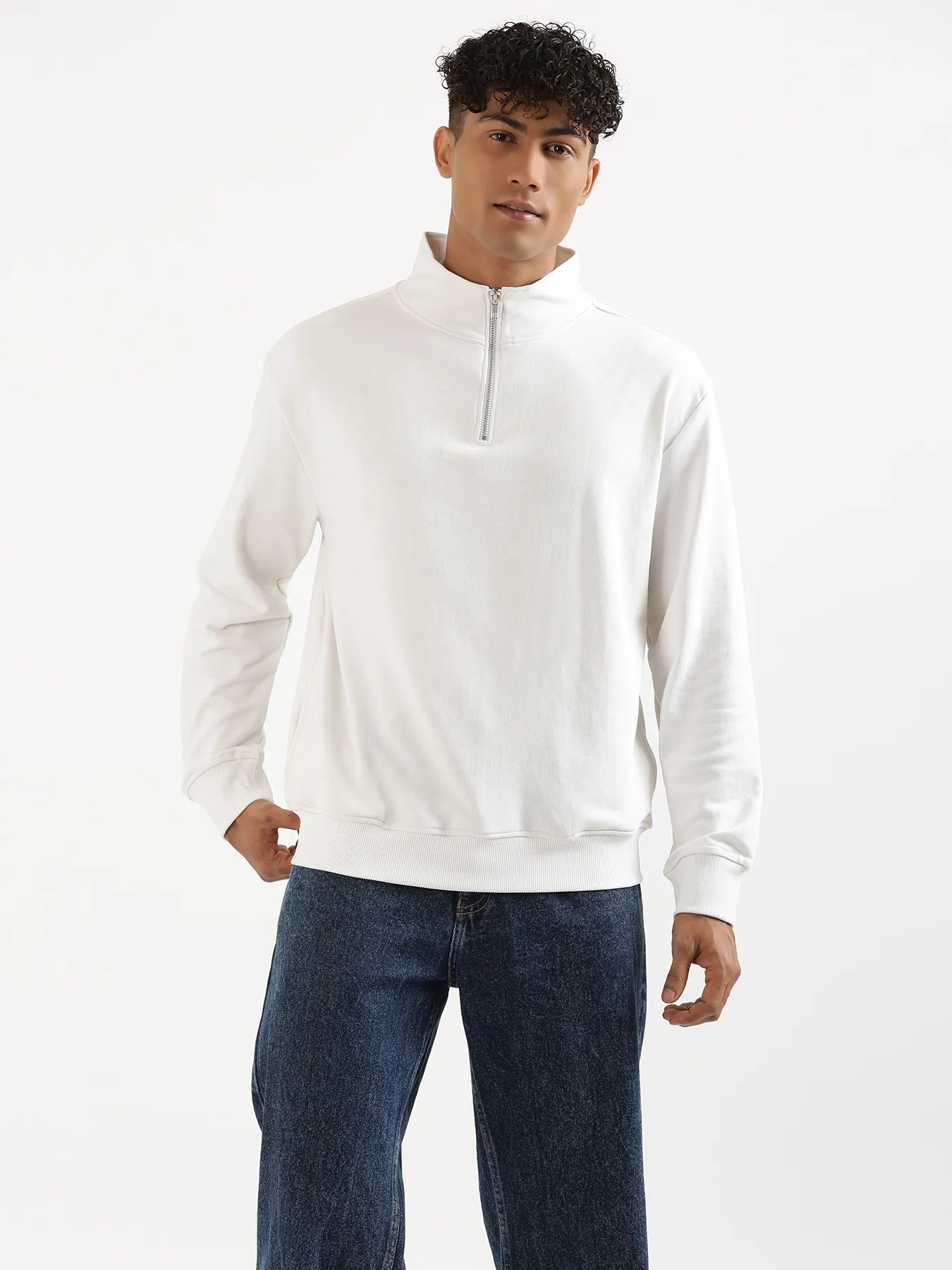 Unisex White Zip Neck Sweatshirt