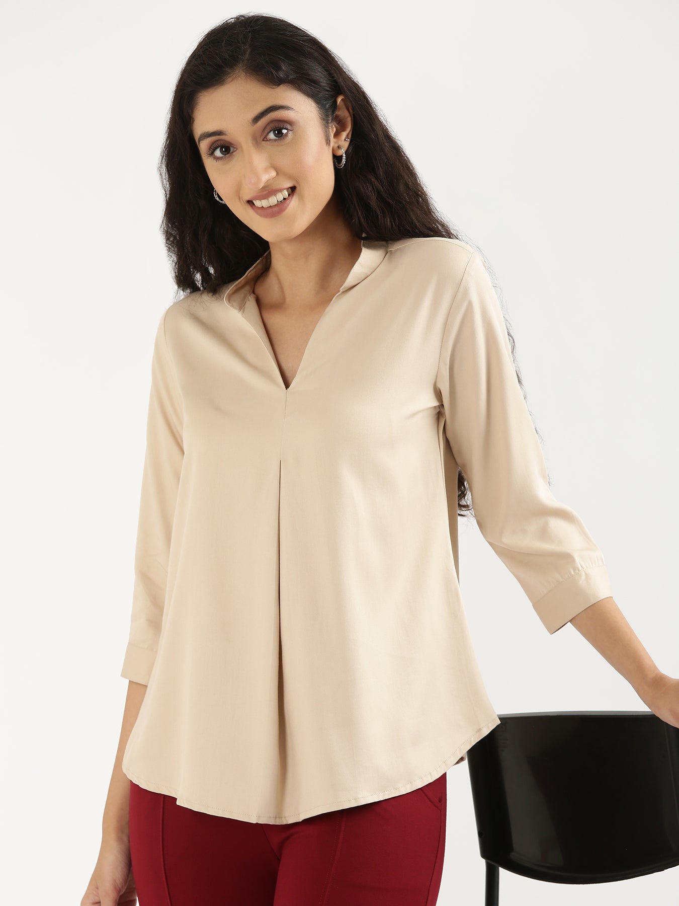 Women Beige Viscose Pleated Top