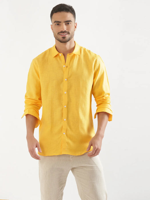 Men Mango Yellow 100% Full Sleeve Linen Shirt