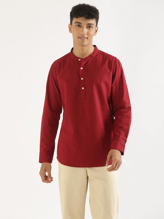 Men Maroon Airy Linen Short Kurta