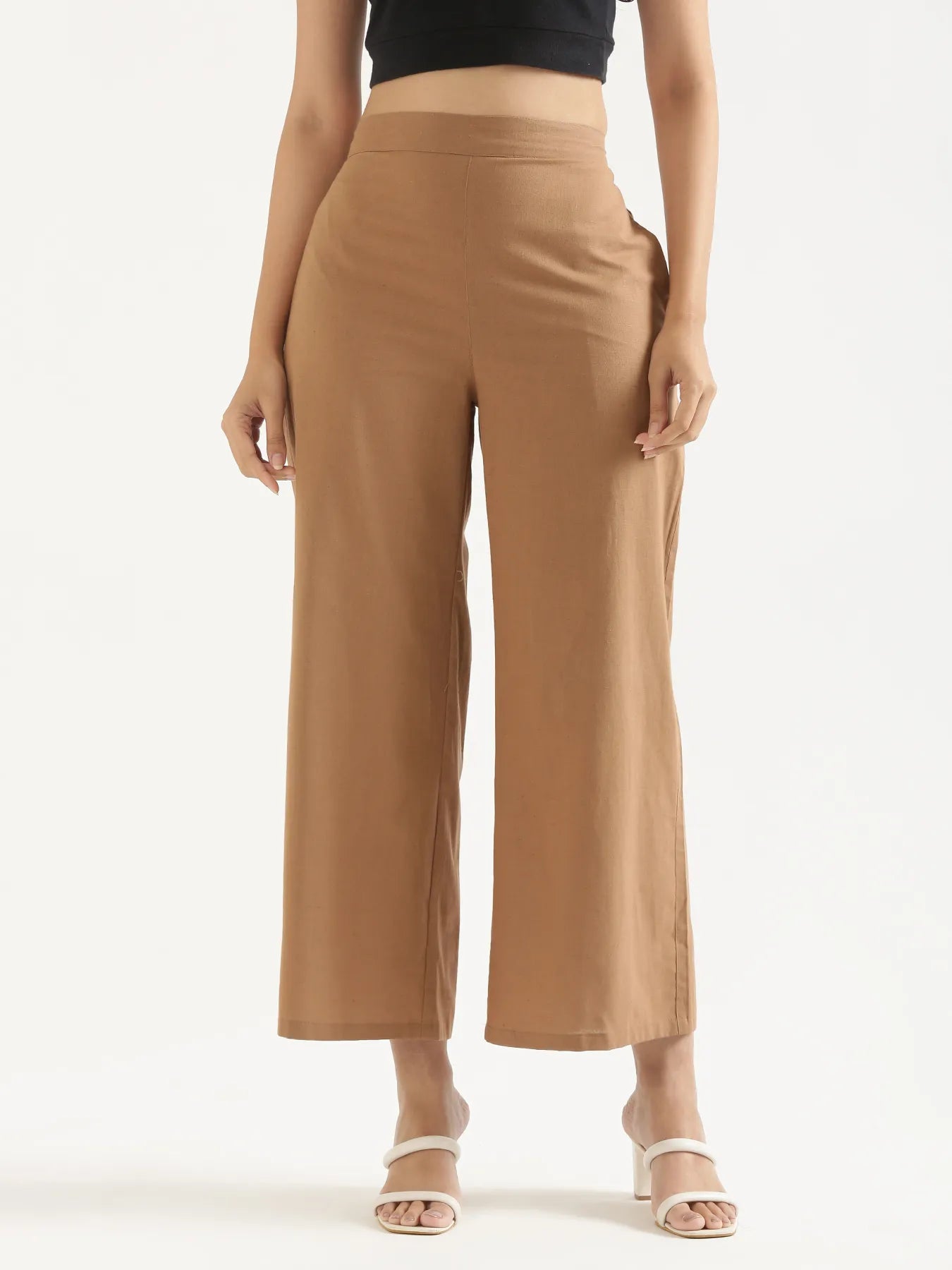 Women Coffee Brown Airy Linen Wide Leg Pant