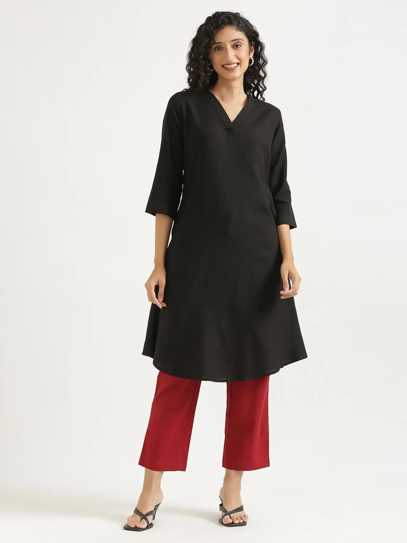 Women Black Flowy Linen A-Line Long Kurta