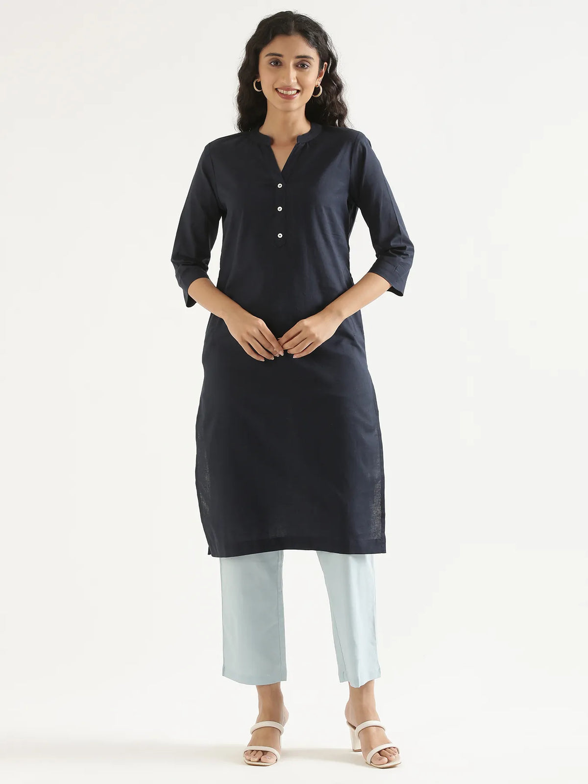 Pick Any 3 Women Airy Linen Long Kurta - Navy Blue