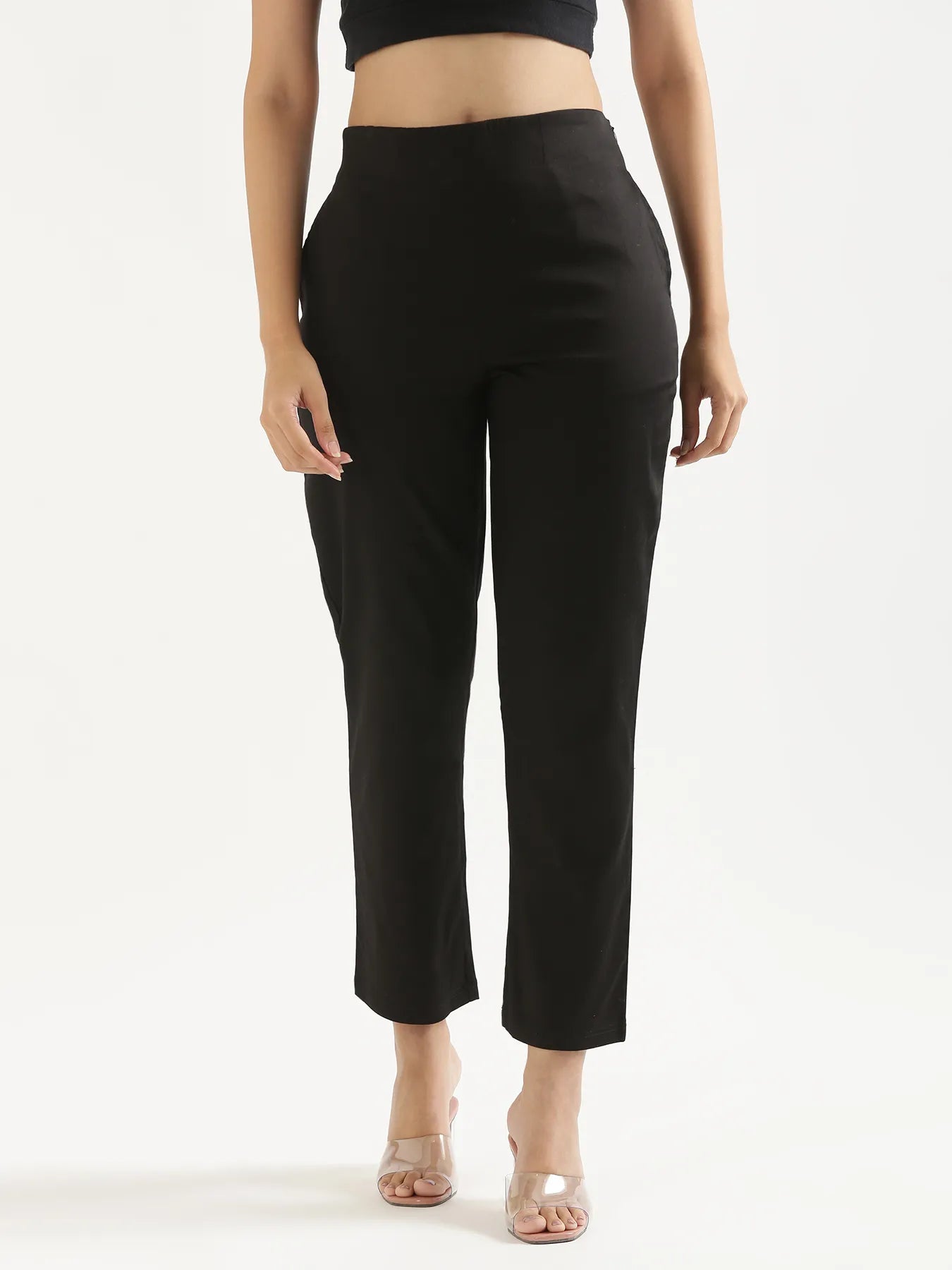 Women Plus Size Black Straight Fit Formal Pants